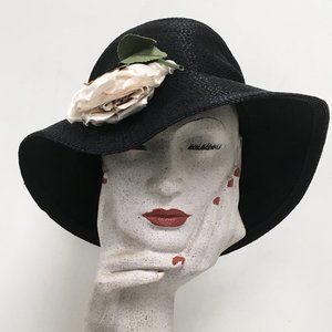 Patricia Underwood Ultimo black woven hat with removable flower rose pin slouchy